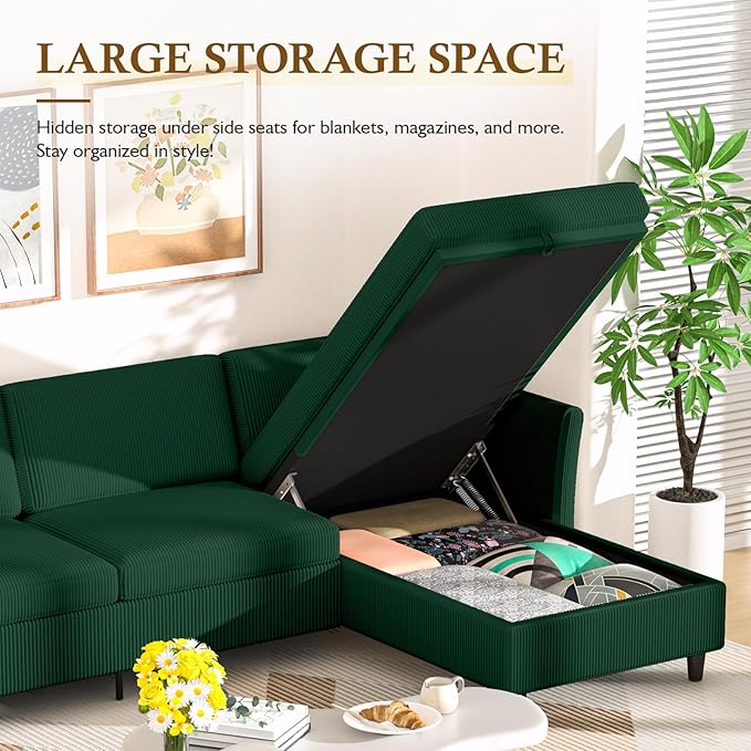 Valthie Convertible Sectional Sofa,Corduroy L-Shaped Couch with Reversible Storage Chaise,3-Seater Sofa with Side Pocket for Living Room,Bedroom and Office, 106.7",Green