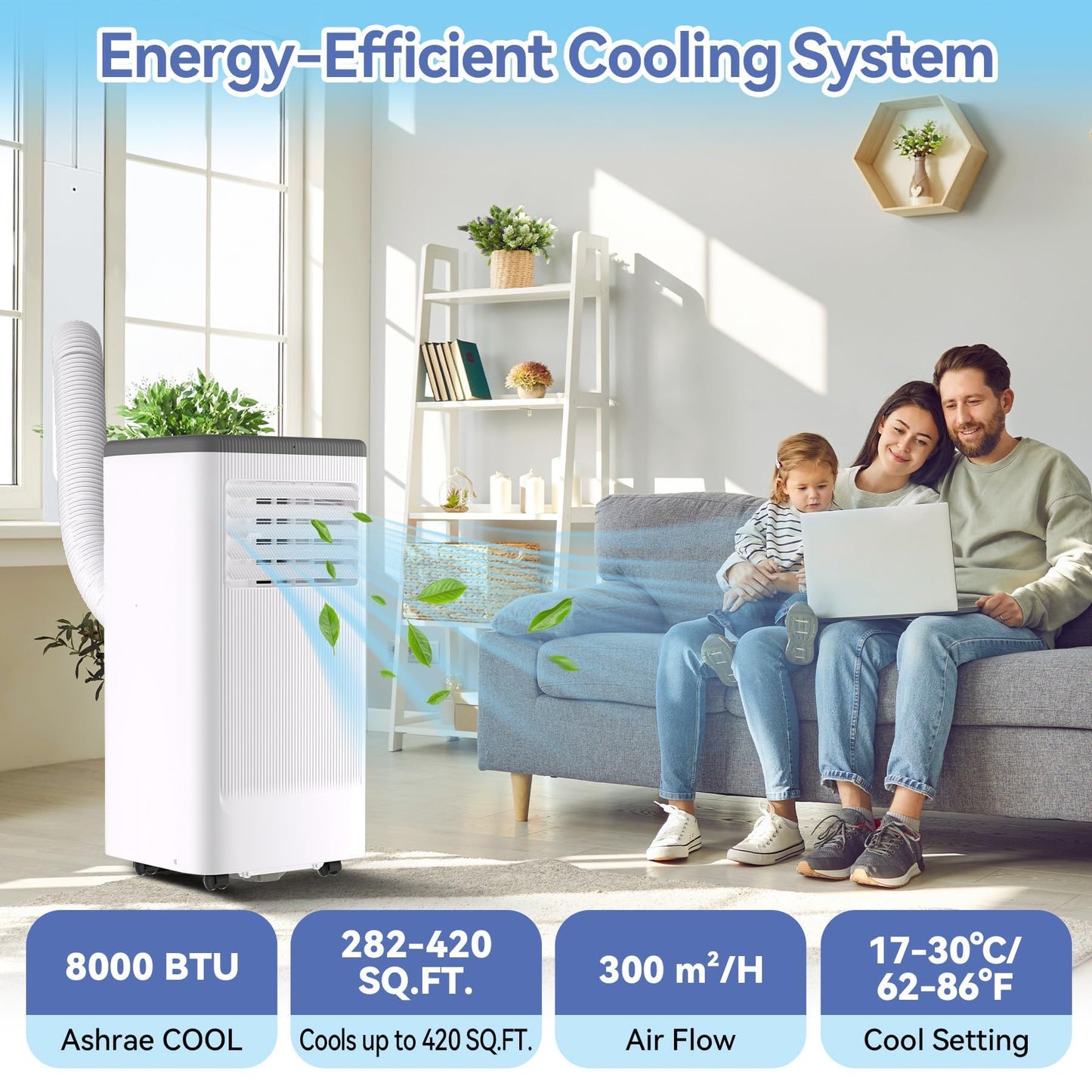 8,000 BTU Portable Air Conditioner, Smart Control, Cools up to 420 Sq. Ft., with Dehumidifier & Fan mode, Easy- to-use Remote Control for Bedroom/Dorms/Indoor Rooms, White