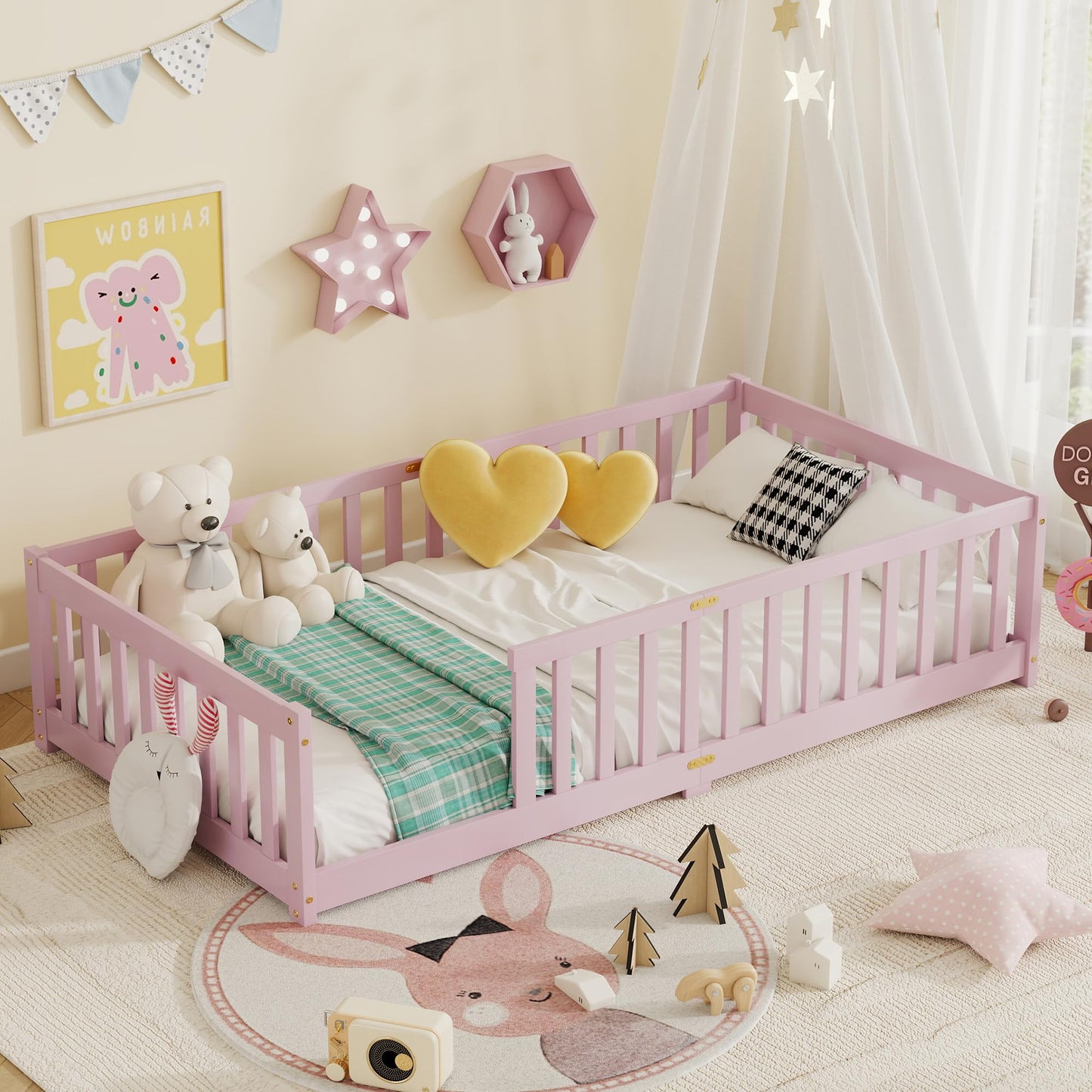 Duxelifin Twin Toddler Floor Bed, Wooden Montessori Bed Frame for Kids, Twin Size Bed Frame with Rails for Kids, Boys and Girls, No Box Spring Needed, Pink
