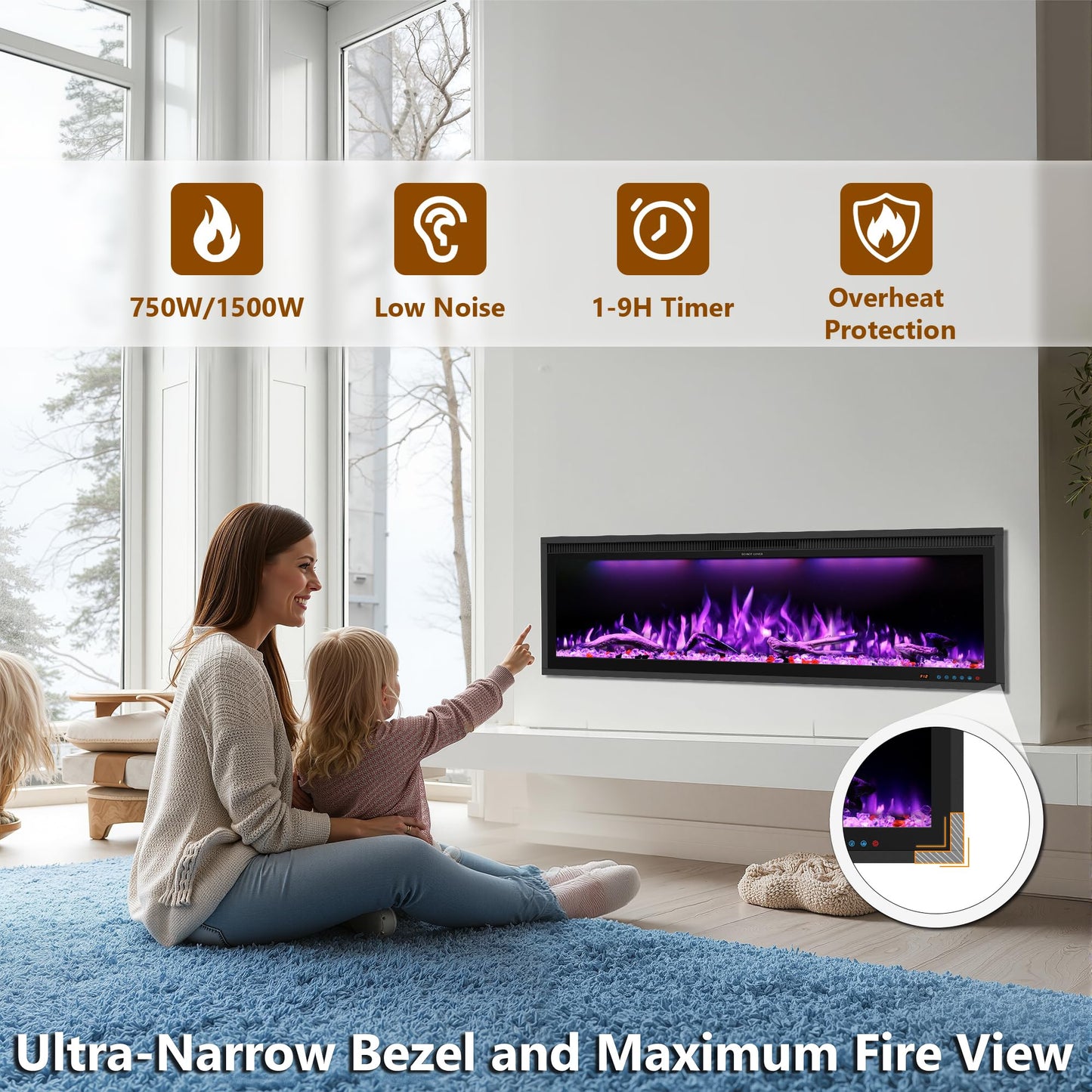 60" WiFi Electric Fireplace Insert, Ultra-Narrow Bezel Fireplace Heater with APP Control, 3 Top Light Colors, 13 Flame & Fuel Bed Colors, 9H Timer, Recessed/Wall Mounted, 750/1500W, Black