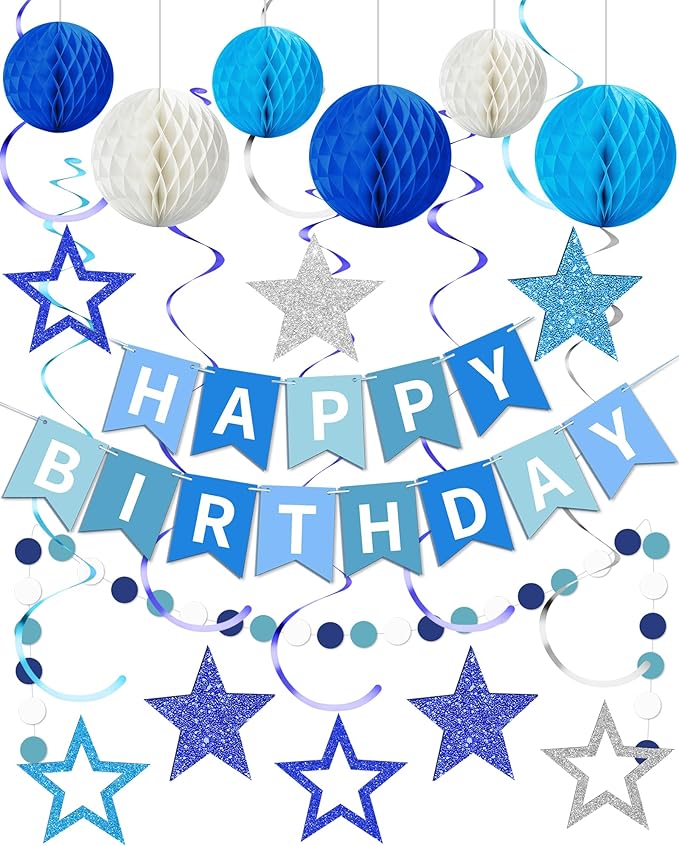 Blue Happy Birthday Decorations, Happy Birthday Banner with Honeycomb Balls, Stars Hanging Swirl Streamers, Dots Garland, ...