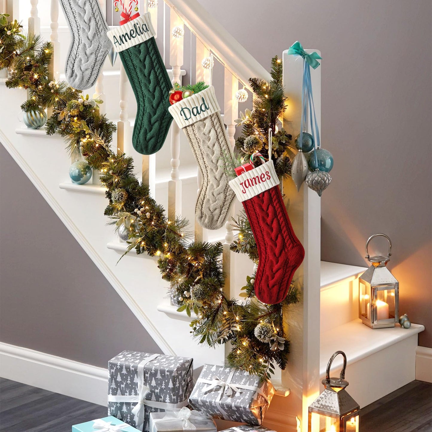 Personalized Christmas Stockings, 18” Large Custom Stockings with Embroidered Name, 1 Pack Knitted Xmas Stocking for Kids,Holiday and Family Stocking for Fireplace Christmas Party Decoration (A)