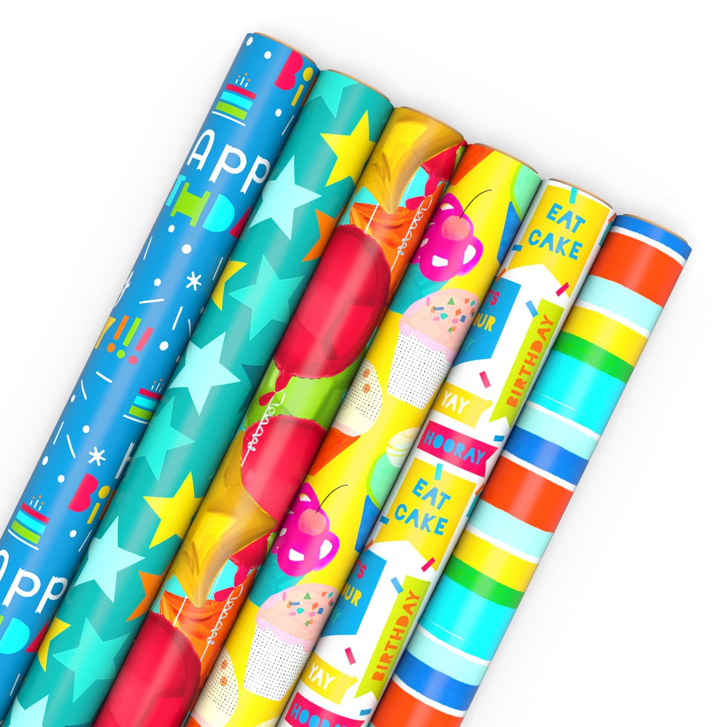 Hallmark Birthday Wrapping Paper Rolls - Stars, Stripes, Balloons, Cupcakes, "Happy Birthday" Gift Wrap Paper (Set of 6 Rolls: 180 sq. ft. ttl.)