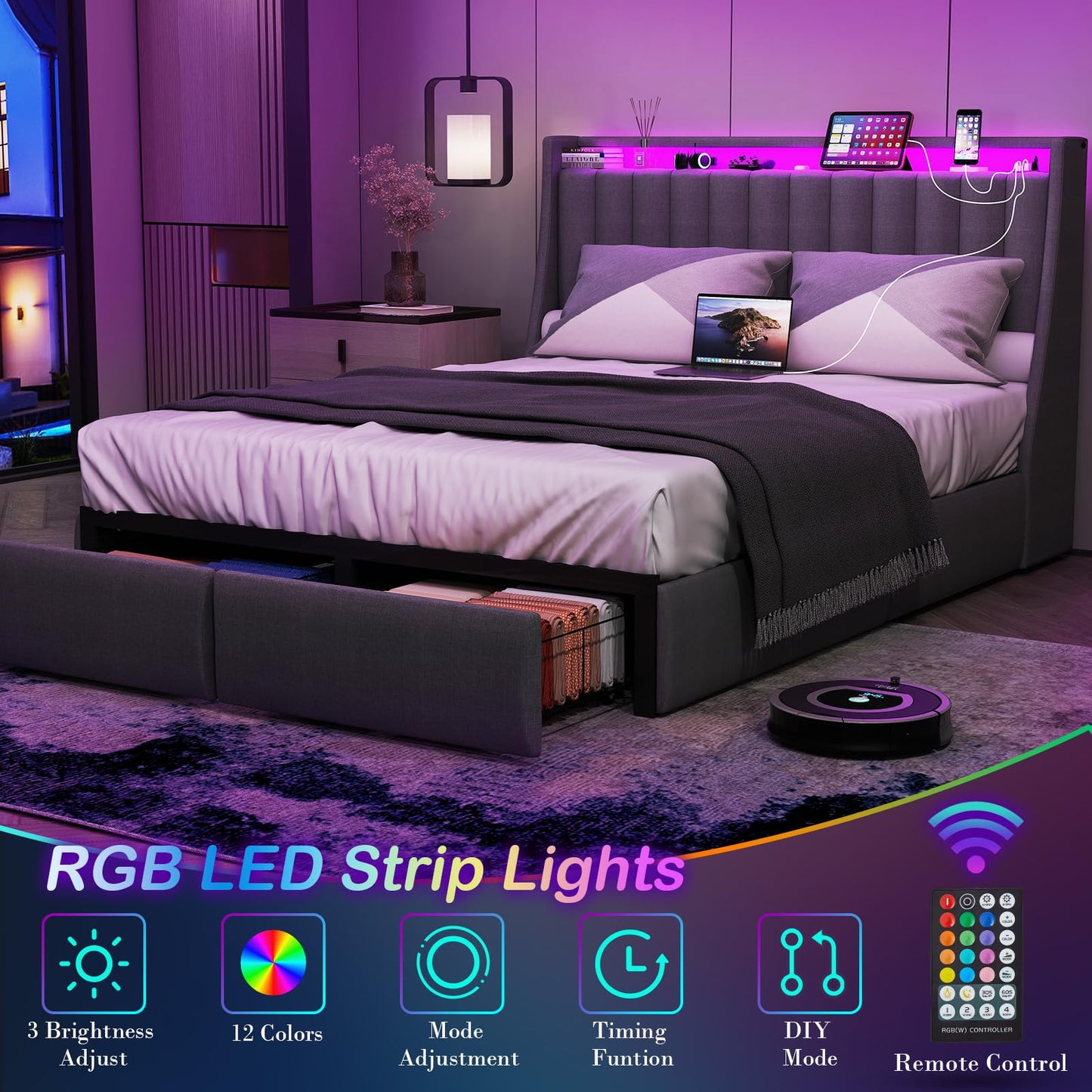 Queen Bed Frame with 2 Storage Drawers, Platform Bed Frame Queen Size with LED Light, Upholstered Headboard, Charging Station, Steel Slat Support, No Box Spring Needed, Noise-Free, Easy Assembly, Gray