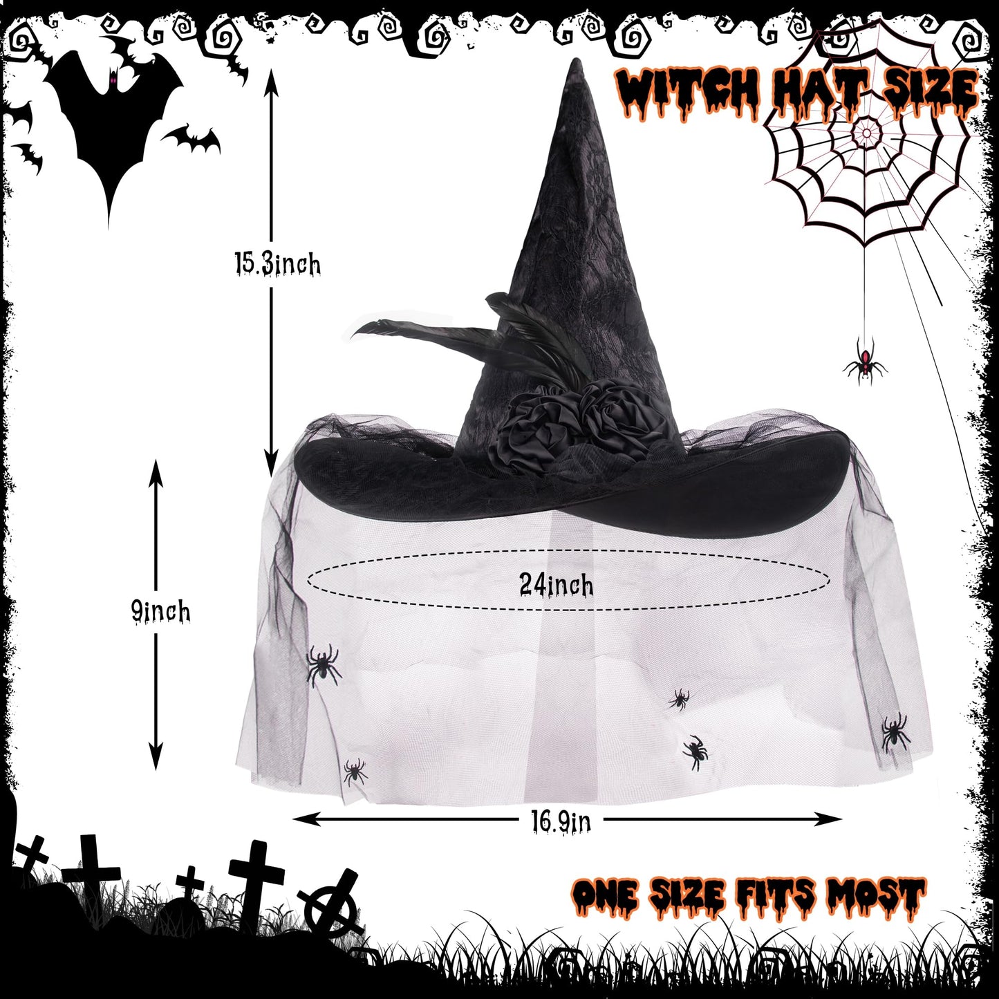Edussy Lace Halloween Witch Hat with Veil Halloween Costume Witches Hats for Women Accessories