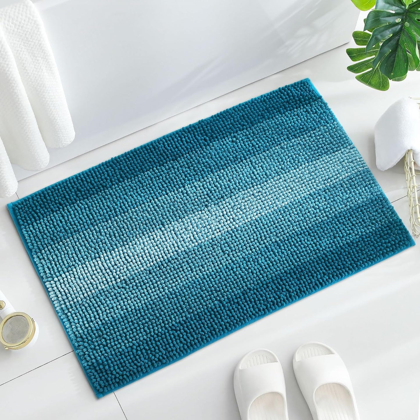 Gibelle Teal Bathroom Rugs, Luxury Chenille Bath Mat, Small Non Slip Shower Rug and Bath Room Floor Mats, Machine Washable, Quick Dry Bathmat, Soft Cozy Plush Rug for Tub, 16" x 24"