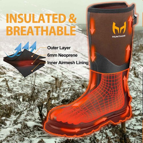Hunthor Rubber Work Boots, Puncture-Proof with Steel Toe & Shank, Waterproof Insulated 6mm Neoprene Hunting Boots for Farming, Construction, Gardening, Fishing, Outdoor Work