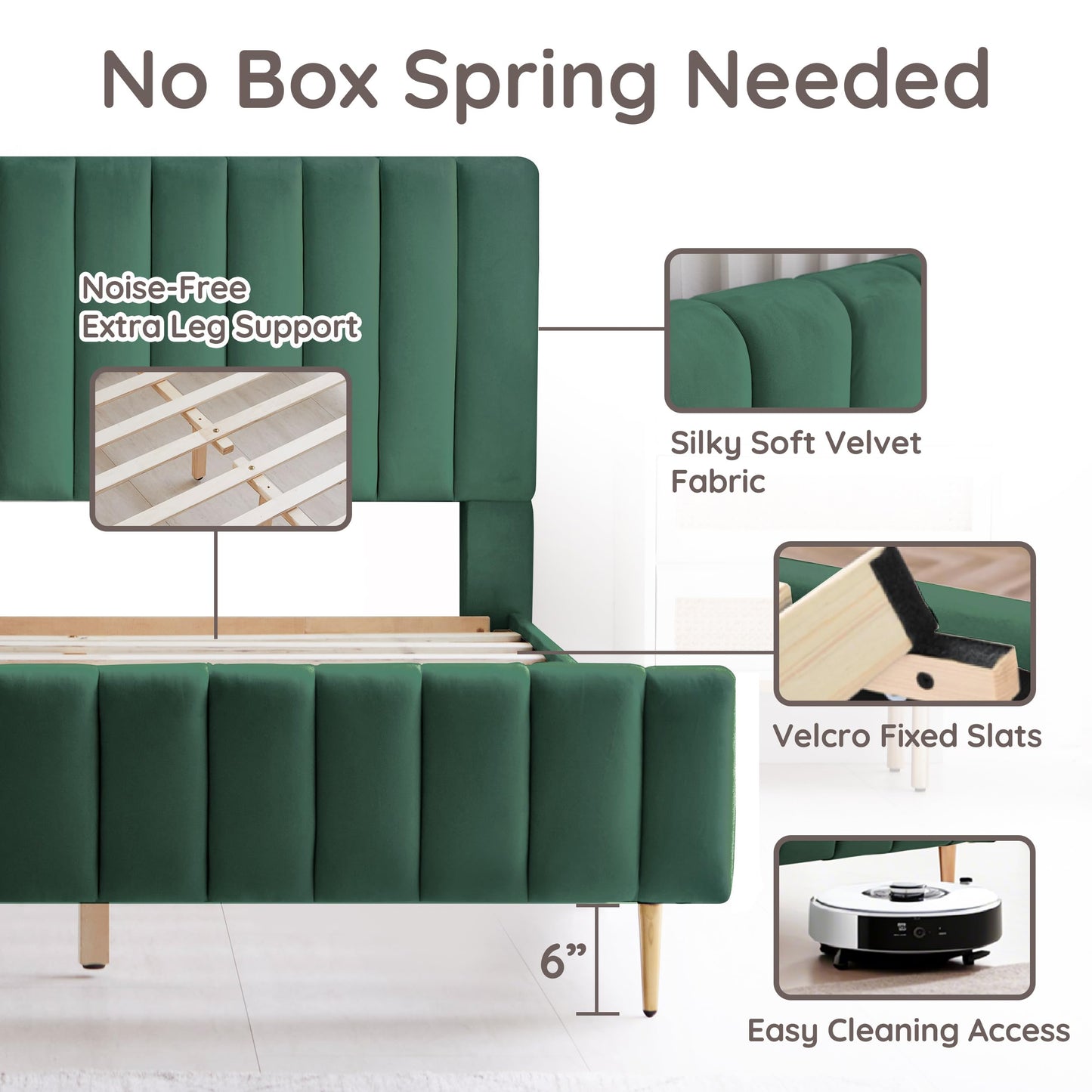 Livinia Twin Size Elton Velvet Platform Bed, Upholstered Bed Frame with Vertical Channel Tufted Headboard Footboard, Strong Wood Slats, No Box Spring Needed, Green (Twin)