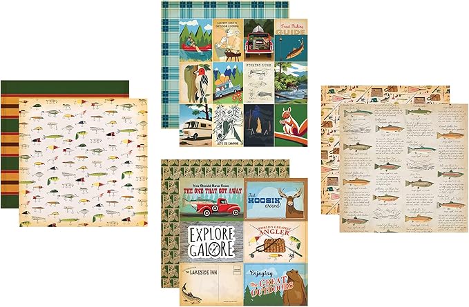 Fishing Scrapbook Paper 12x12 Inch - Outdoor Scrapbook Paper with Fishing Pole, Fish, Outdoor Adventure Theme | Camping Sc...