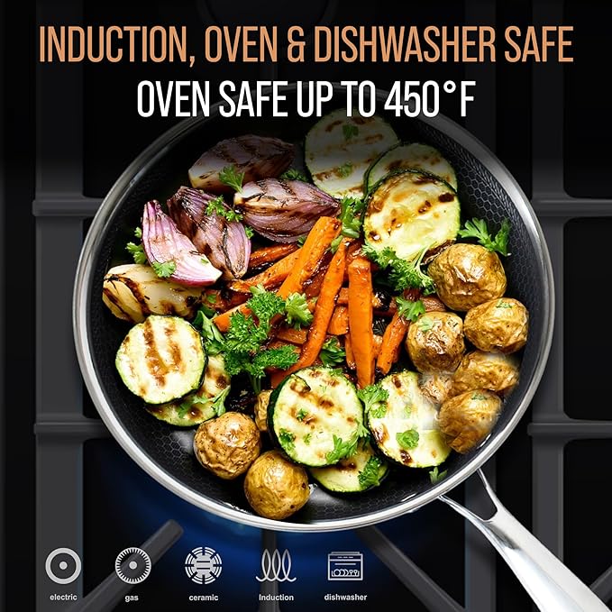 Stainless Steel Frying Pan Set, Sartenes de Acero Inoxidable 2-Piece Honeycomb Nonstick Skillets 10", 12" With Lids, Spatula, Oven & Induction Compatible, Dishwasher Safe Pan Set