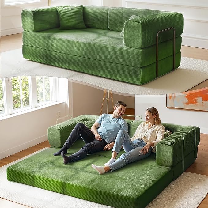 Kelyda 79 Inch Convertible Sofa Bed Couch in Box, 5 in 1 Folding Modular Boneless Couch with Pull Out Bed 2 Pillows, Soft Corduroy Floor Futon Lounge Loveseat Sleeper Lazy Cama No Assembly Green