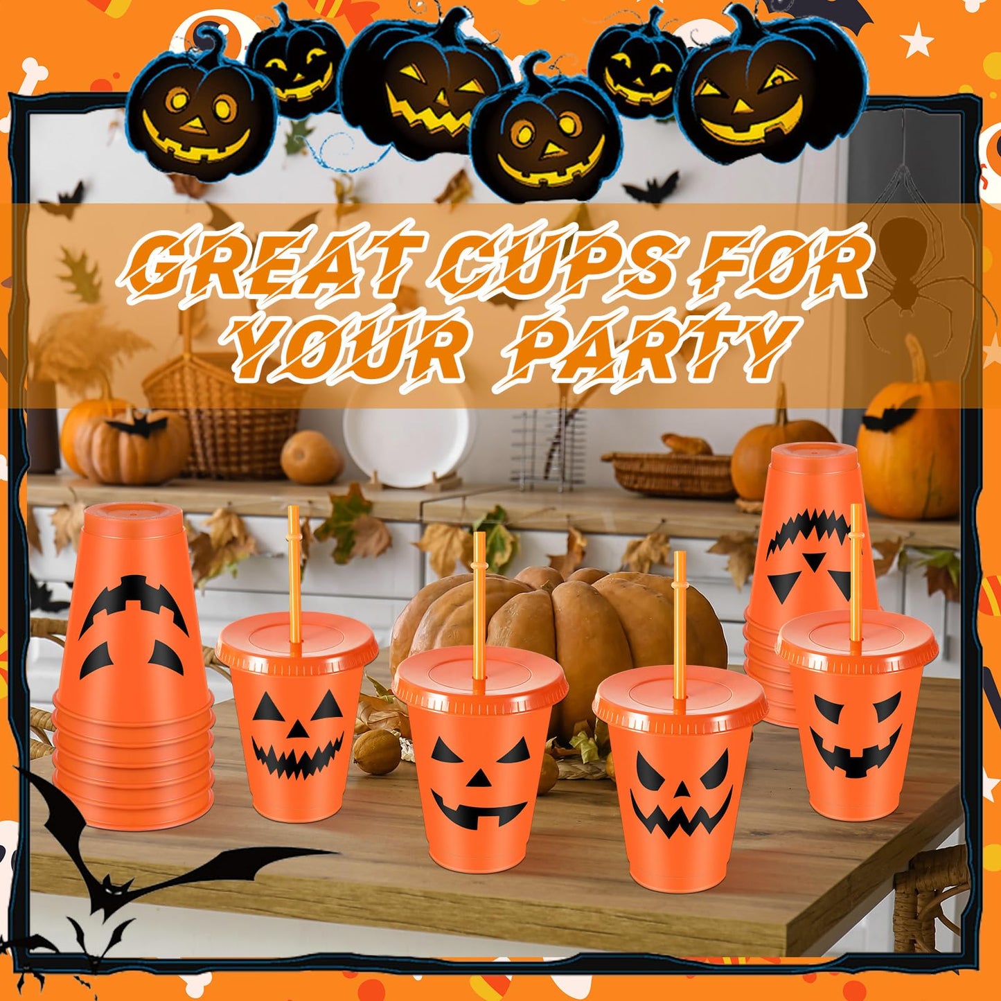 Suttmin 16 Pcs Halloween Party Cups 16 oz Plastic Cups with Lids and Straws Pumpkin Face Reusable Tumbler for Halloween Party Favors Supplies Coffee Tea Cold Drinks