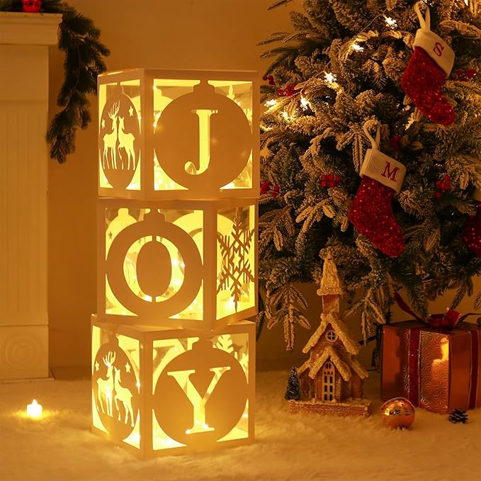 Light Up Christmas Decorations Indoor - 3pcs White Hollow-Out Paper Joy Boxes with Warm Light String, Holiday Fireplace Ch...