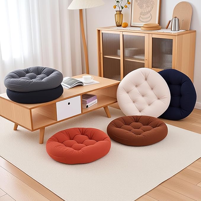 2Pcs Floor Pillows for Adults, 22x22 Inch Meditation Cushions, Large Round Sitting Cushion Living Room Memory Foam Pillow for Sitting (1, Beige, 22x22x4 Inch)