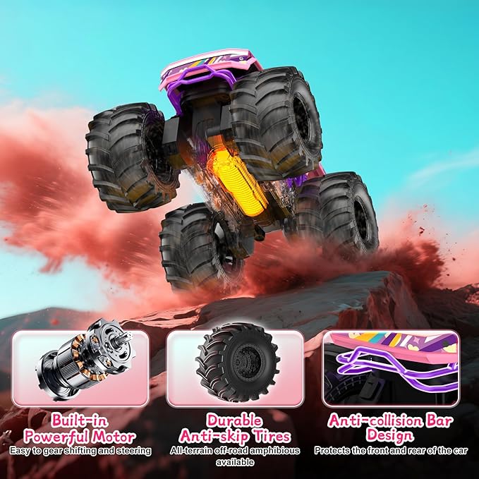 Amphibious Remote Control Car, 1:18 Pink Monster Truck Toys for Girls RC Cars, 2.4 GHz Waterproof RC Trucks, 4WD All Terrain Off-Road Pickup, Girls Christmas Birthday Gifts Presents Kids Toys Ages 6+