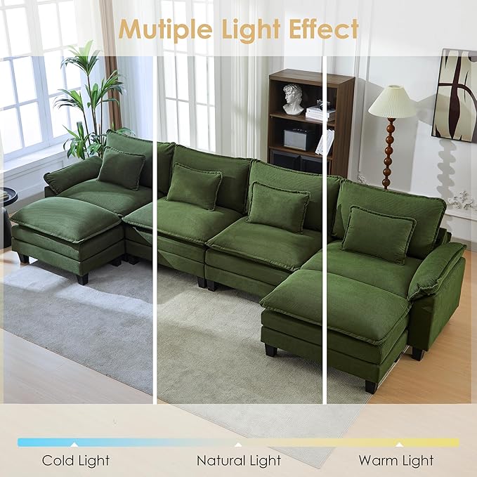 URRED Cloud Couch Modular Sectional Sofa, 157" Modern U Shaped Deep Seat Sofa with 2 Ottomans & Pillows, Ultra Comfy Corduroy Couches for Living Room, Bedroom or Apartment, Green