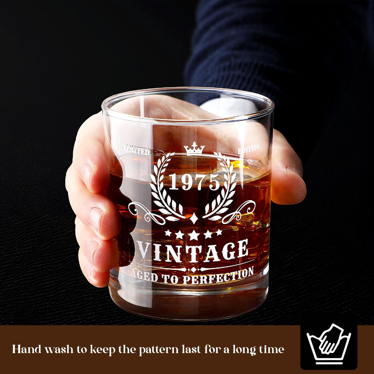Pagather 50th Birthday Gifts for Men - Vintage 1975 Whiskey Glass Set, 50 Years Old Anniversary Ideas for Him, Dad, Husband, Include Wood Box, Recipe, Stones, Coaster, Stone Holder, Clamp