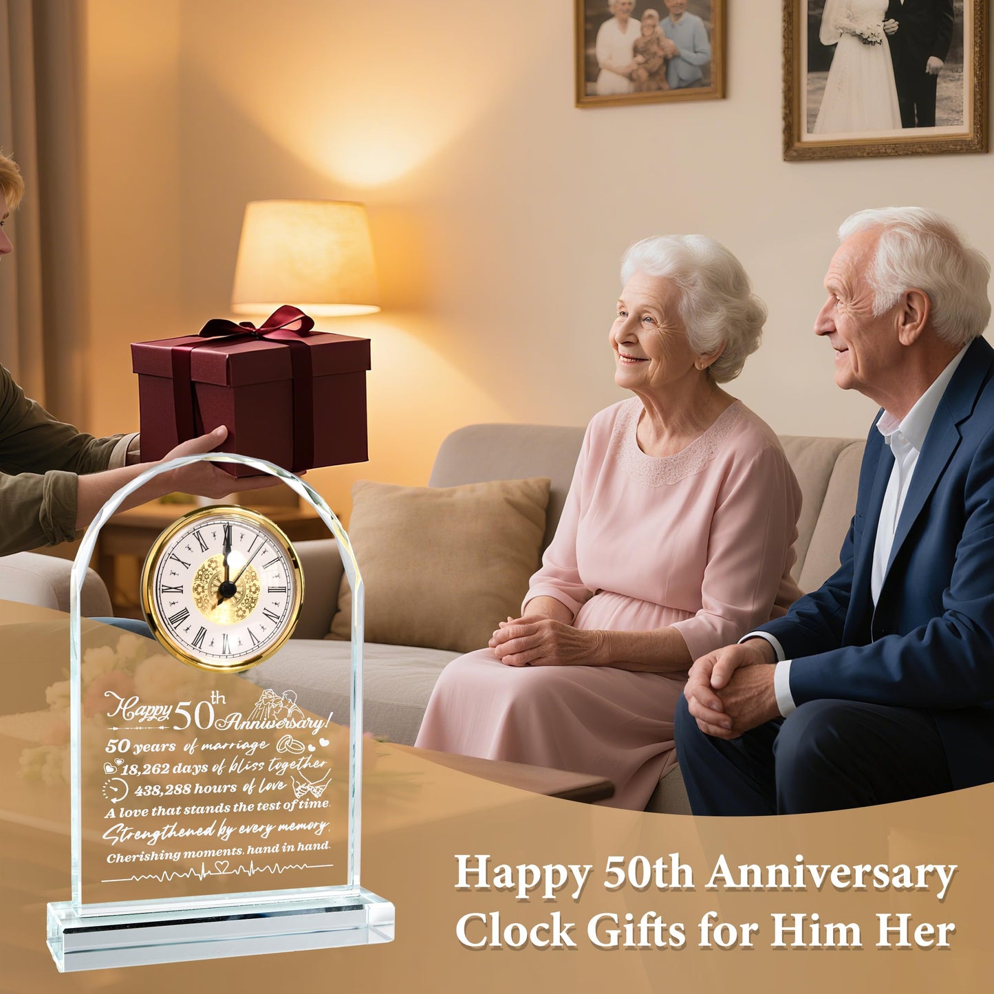 QIANCHANG 50th Anniversary Crystal Quartz Clock: Gift for Parents, 50th Anniversary Delicate Golden Clock, 50th Anniversary Decorative Gift