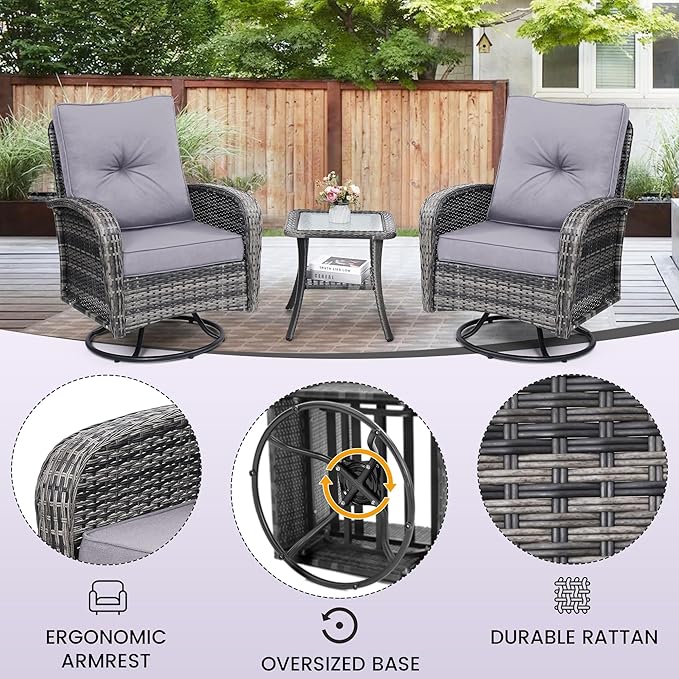 wildformers Luxury Outdoor Swivel Wicker Glider Patio Chairs with Table Set, Overstuffed Washable Cushions, Ideal for Porch, Balcony, Deck, Grey Rattan and Grey Cushion