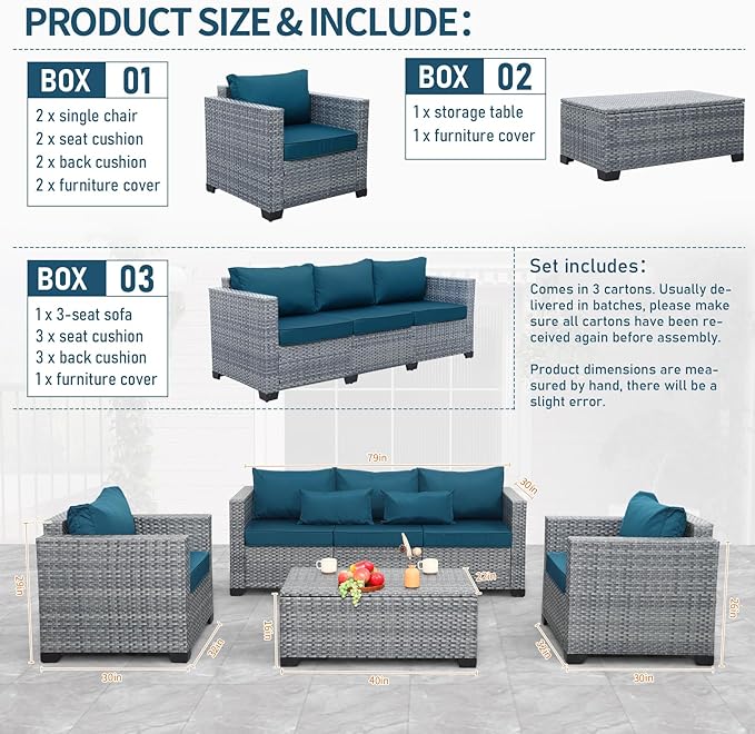4 Piece Wicker Patio Furniture Sets Outdoor Conversation Set PE Rattan Sectional Sofa Couch with Storage Table and Peacock Blue Cushions