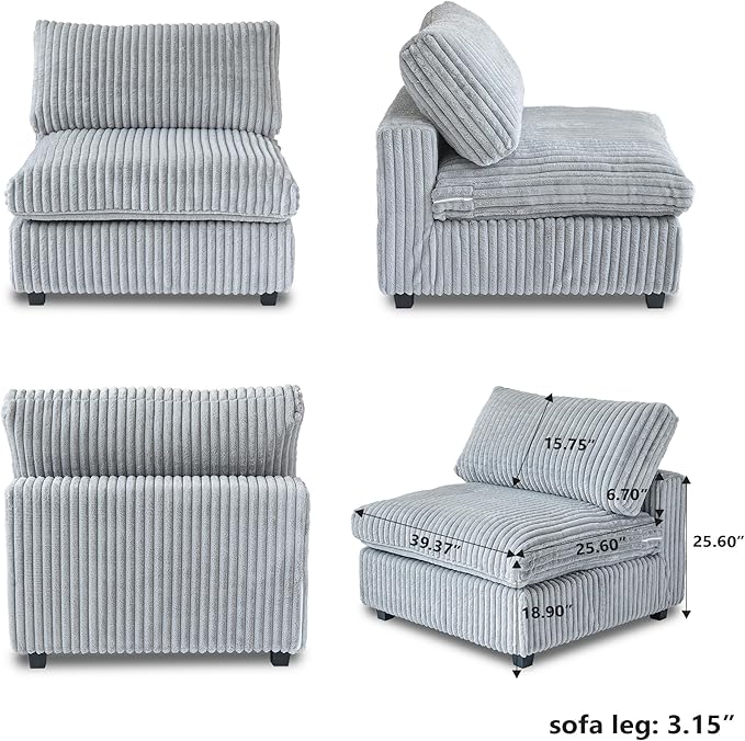 WJShome Cloud Modular Sectional Sofa, Plush Sofas for Living Room,39.37inch Middle Seater,Grey