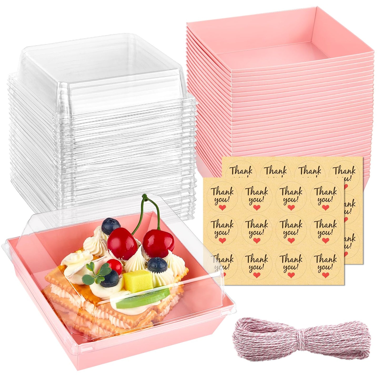Kucoele 20 Pack Small Charcuterie Boxes with Clear Lids, To Go Paper Dessert Boxes Bakery Boxes, 5 Inches Disposable Food Containers for Cookies, Cupcakes, Slice Cakes, Strawberries (Pink)