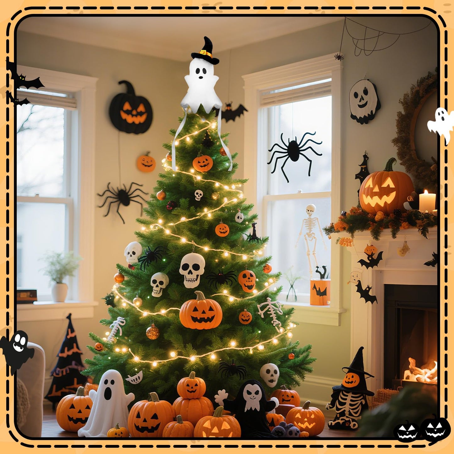 Halloween Christmas Tree Topper,Fall Ghost Elf Tree Topper,Cute with Black Hat Plush Stuffed White Ghost Tree Top Decor for Halloween Party Home Indoor/Outdoor Tree Topper Decoration
