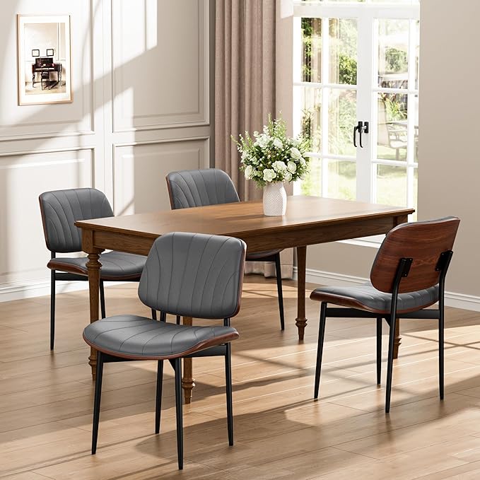 YaFiti Dining Chairs Set of 4, Dining Room and Kitchen Chairs, Mid Century Modern Accent Chair, Upholstered PU Leather Chairs for Vanity with Walnut Bentwood and Metal Legs, Gray