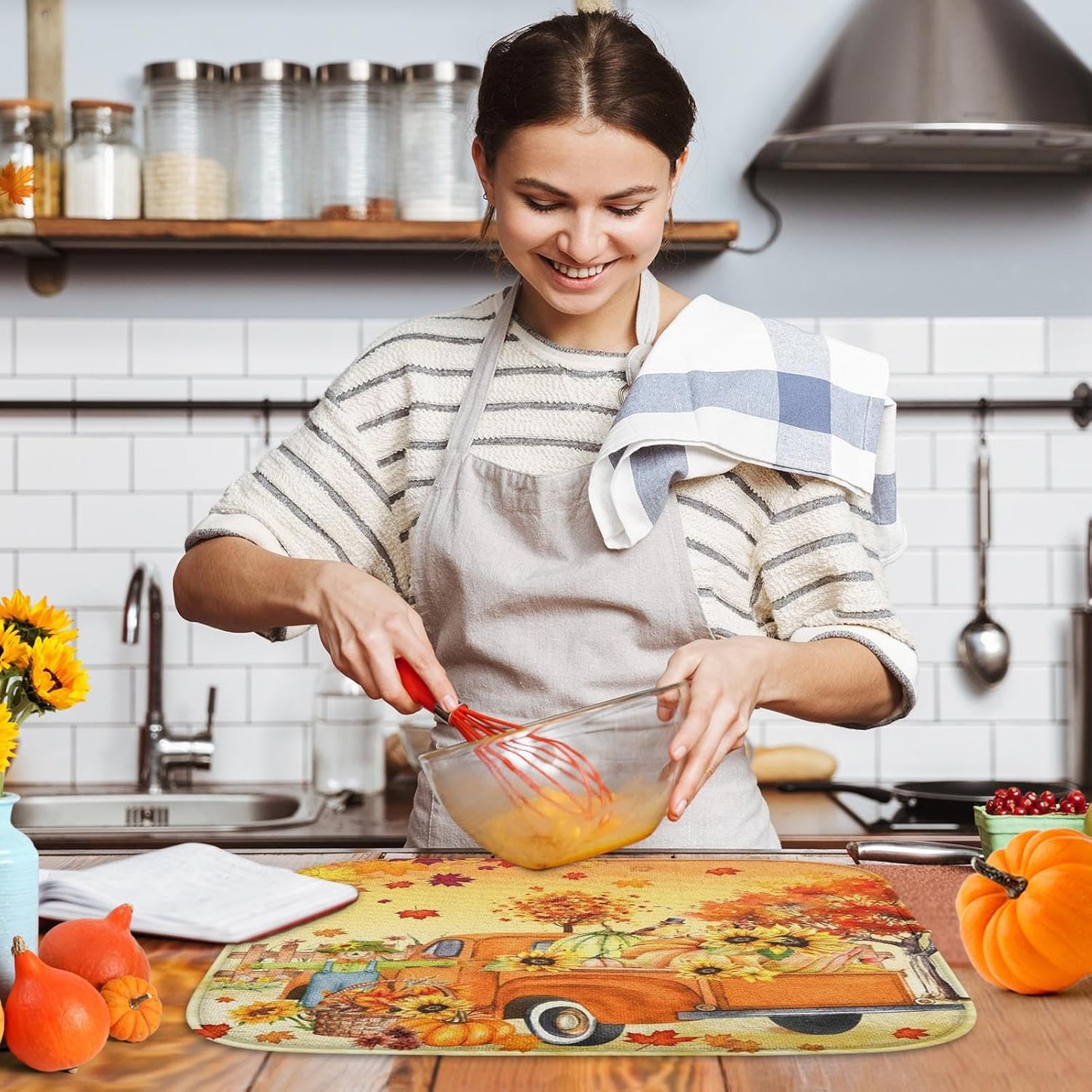 Sanwarm Absorbent Dish Drying Mat, Fall Truck Pumpkin Microfiber Pad for Kitchen Counter, Tree Leaf for Coffee Bar Decor, Heat Resistant and Reversible, 16" x 18"