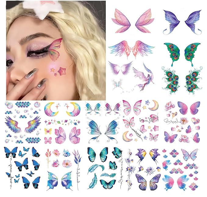 14 Sheets Glitter Butterfly Temporary Tattoos Sticker for Women Girls Eye Face Makeup Decoration, Flash Fairy Body Art Shi...