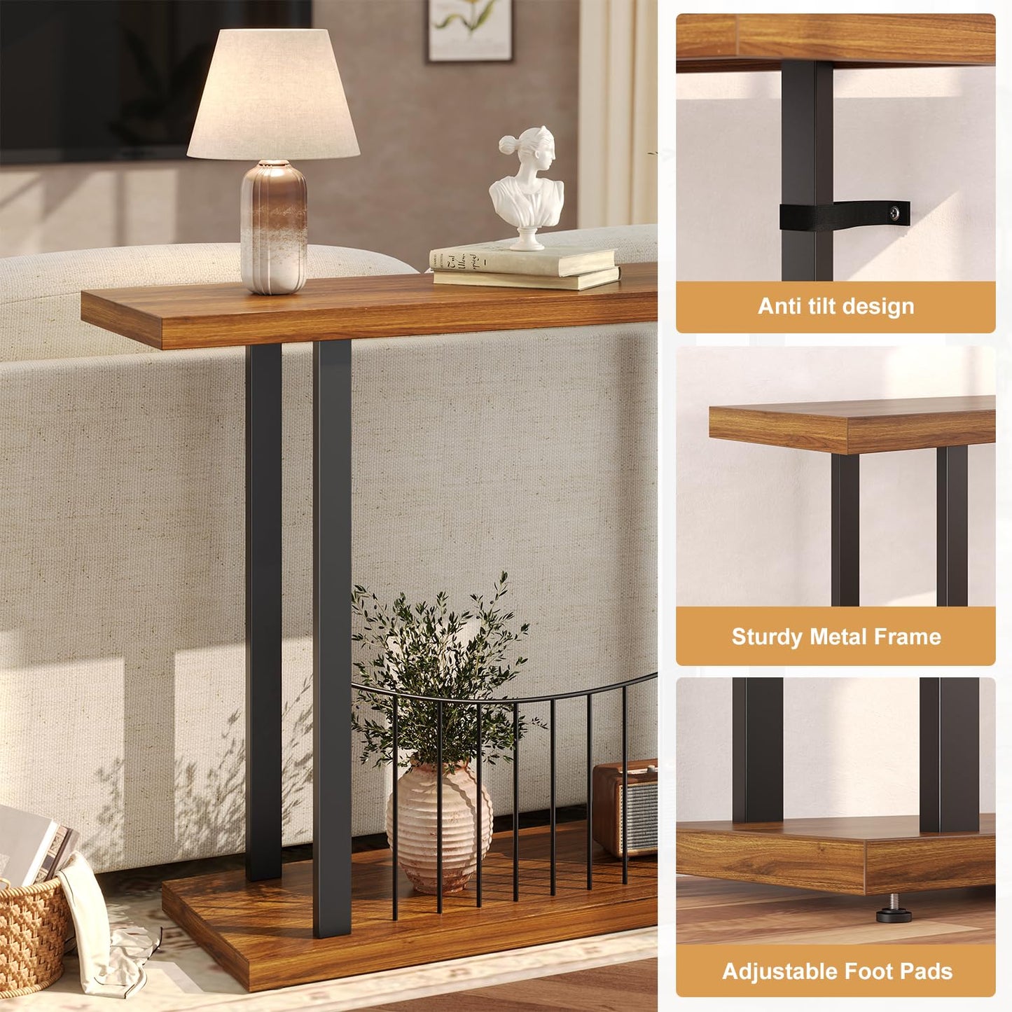 UNIQUITE 39.4 Inch Console Table, Industrial Entryway Table Sofa Tables Behind The Couch for Entrance Hallway Living Room, Rustic Brown