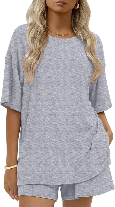 Ekouaer Womens 100% Cotton 2 Pieces Short Sets Summer Short Sleeve Outfits Casual Maching Lounge Set with Pockets