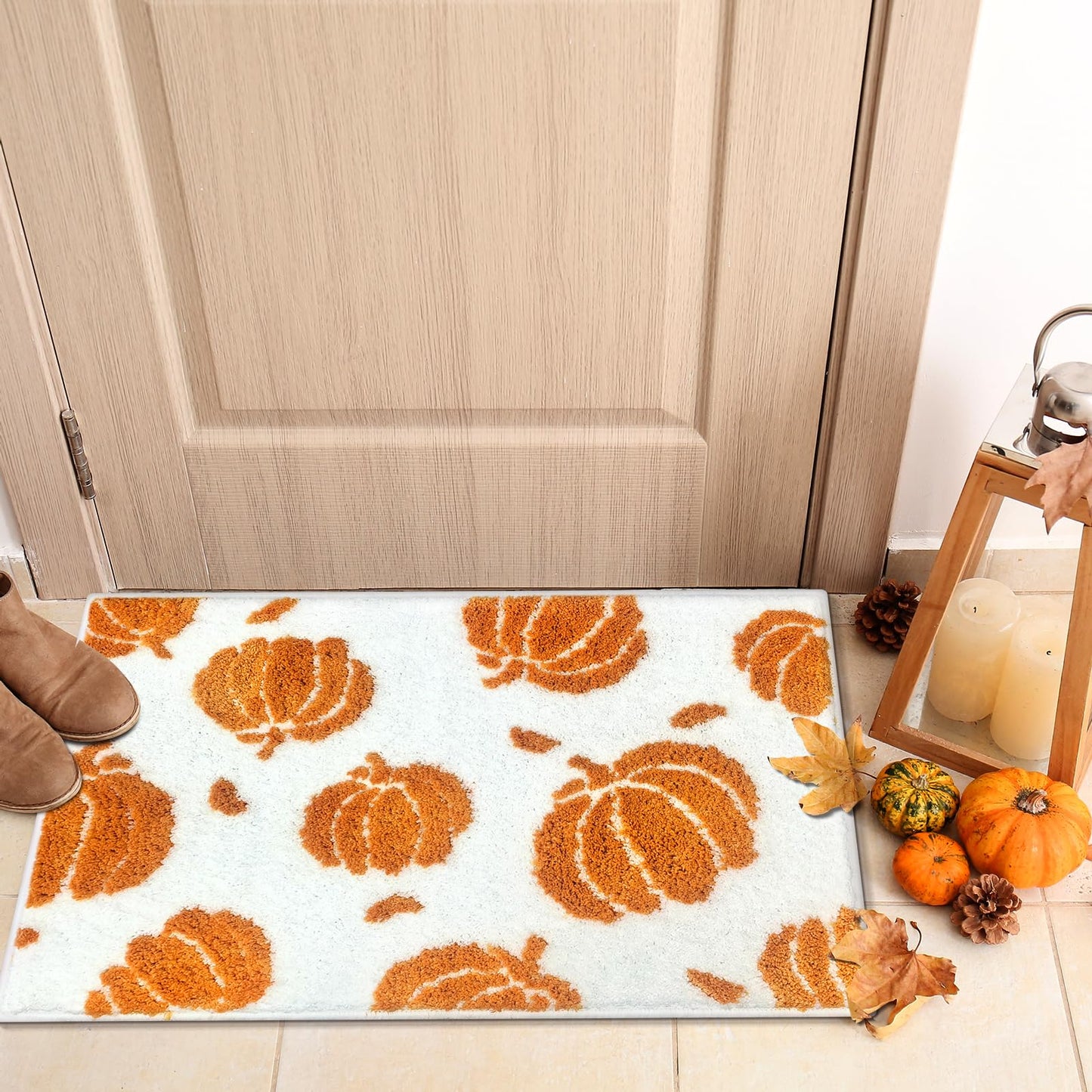 APROPHIC Fall Pumpkin Bath Mats for Bathroom, Thanksgving Super Absorbent Non-Slip Microfiber Shaggy Bath Rugs, Autumn Bathroom Mat for Shower, Tub, Sink, Decor, Machine Washable, 20x30in, Orange