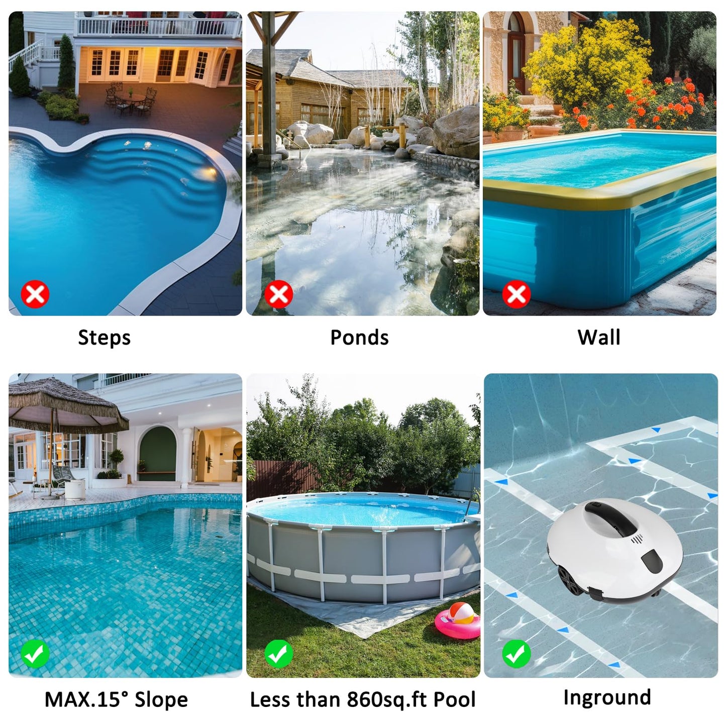 TCEUMIK 130 Mins Runtime Cordless Robotic Pool Cleaner Portable Lightweight Automatic Vacuum Self-Parking 5200mAH Fast Charging Powerful for Above-Ground Swimming Pool up to 861Sq.ft (White)