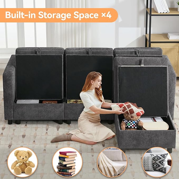 WUTUTUEE 83”Modular Convertible L Shaped Couch Set for Living Room, Modern 4 Seat Storage Modular Couch with Movable Ottoman, Chenille(Dark Grey)