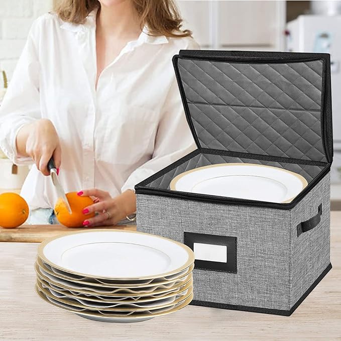 China Storage Containers-4PACK Quilted Dish Storage Containers with Lid Hard Shell for Moving Transport, Dinnerware,Stackable Plate Storage,24 Felt Plate Dividers Included,12 * 12 * 8in