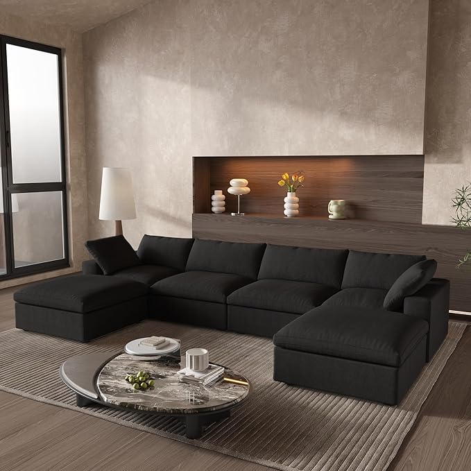 Cloud Couch Modular Sectional Sofa,160.6" Down Filled Sofa with Storage Ottoman,Modern U Shaped Couch 6 Seater, Black Convertible Sectional Sofa for Living Room,Covers Removable & Washable