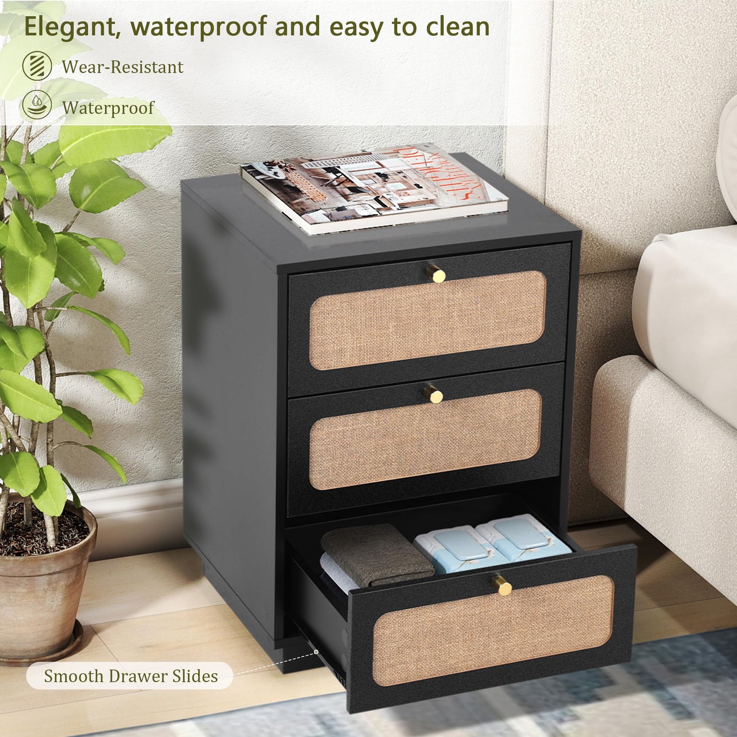 AVZEAR Mid Century Night Stand Set of 2, Modern Nightstand with 3 Drawers & Curved Linen Panel, Farmhouse End Table Wood Bedside Table Small Side Table for Small Space, Bedroom(Black)