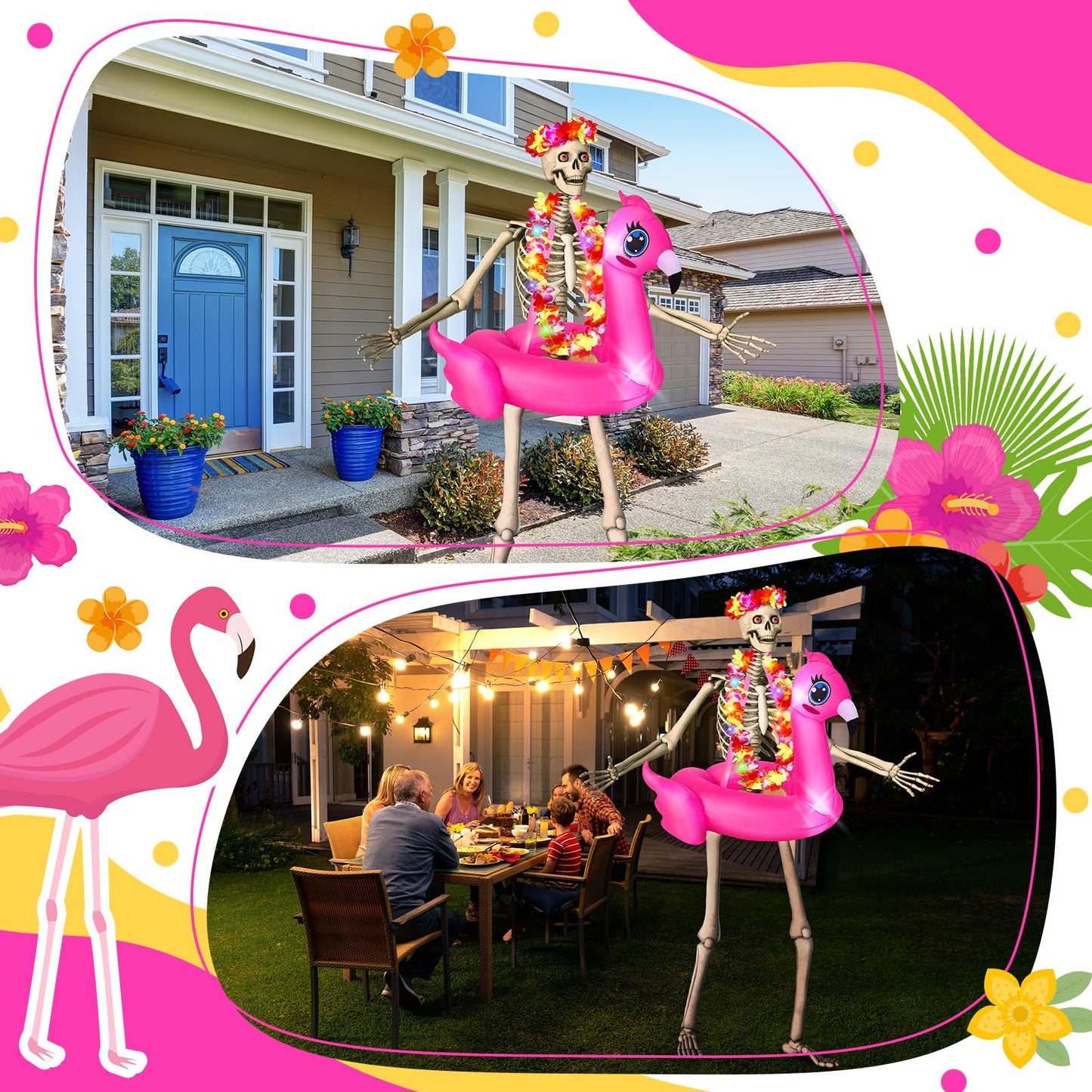 Knitgrip 4 Pcs Summer Hawaiian 12 ft Skeleton Costumes Set Includes Inflatable Flamingo Swimming Ring with Light Hawaiian Leis Chest Ring Luau Flower Headpiece for Luau Party Garden Lawn Decor