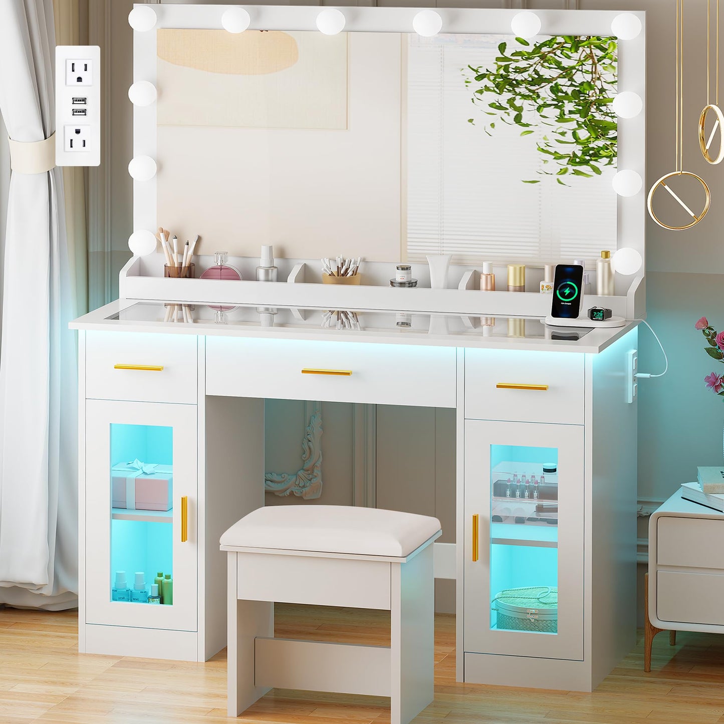BEWISHOME Vanity Desk with Mirror and Lights White Makeup Vanity Table with Glass Top & Stool,43.4" Large Makeup Desk with Power Outlet,3 Storage Drawers,Dressing Table for Bedroom Women,Girls FST35W