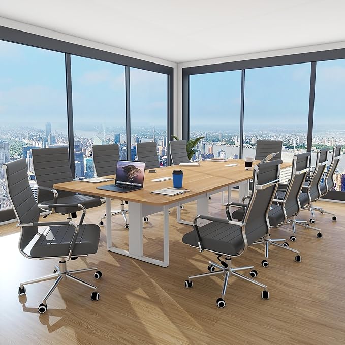 BOWTHY Home Office Chair Ribbed, Modern Leather Conference Waiting Room Chairs,Ergonomic Office Desk Chair, High Back Executive Computer Chair, Adjustable Swivel Chair with Arms (Gray)