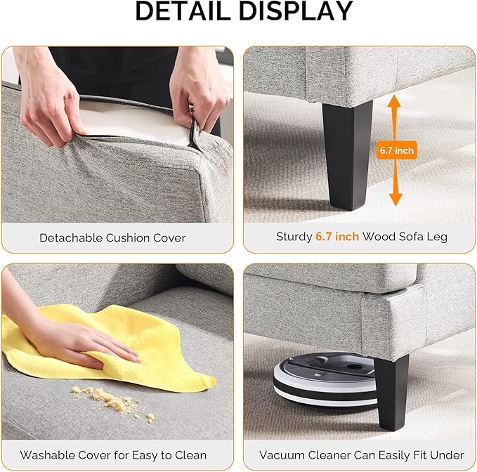 VINGLI Linen Fabric Accent Chair Grey, Modern Upholstered Armchair, Comfy Sofa Chair Living Room Bedroom Furniture for Apartment