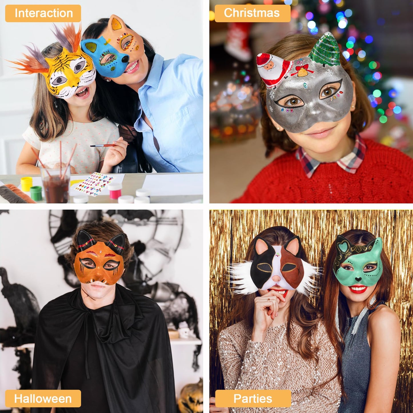 OPPKIE Cat Fox Mask 3PCS with Furs Eye Meshes and Gem Stickers, Therian Dress Up Masks to Paint, Animal Mask Arts Crafts Kit, Costume Masks for Halloween Masquerade Cosplay Party Interaction
