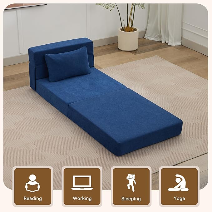 WUTUTUEE Folding Sofa Bed Convertible Floor Couch Foldable Chair Bed with Pillow，Linen Sleeper Chair Futon,Foldable Memory Foam Mattress for Bedroom/Living Room/Dorm/Office (Navy, Single)
