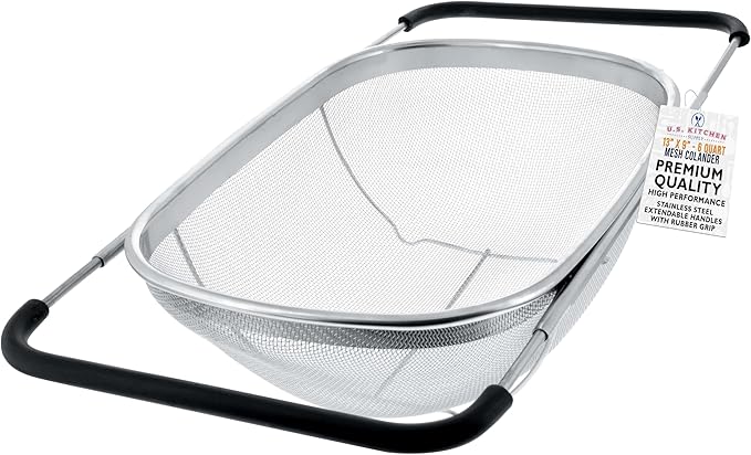 U.S. Kitchen Supply Stainless Steel Colander Strainer - 6-Quart Collapsible Colander with Expandable Rubber Handles - Rect...