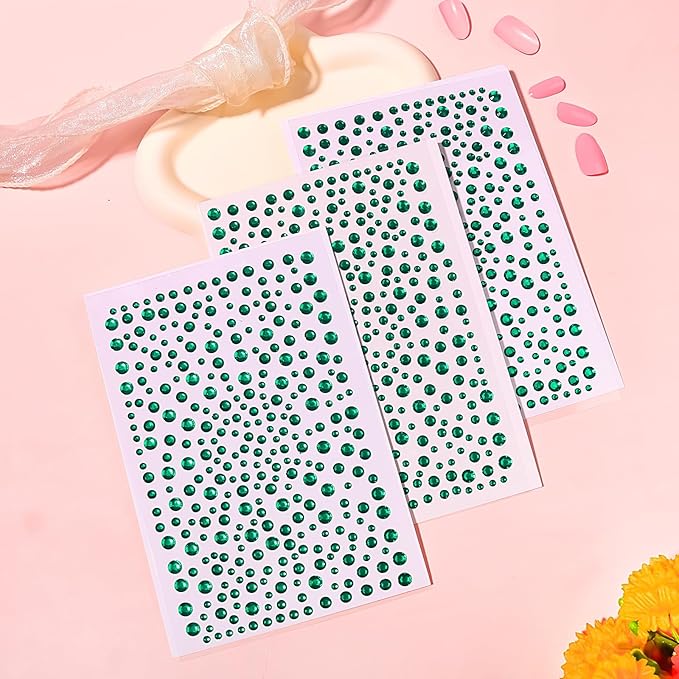 975Pcs Face Gems Hair Gems, Self-Adhesive Face Jewels Eye Jewels Rhinestones 3/4/5/6 mm DIY Face Gems Stick on, Hair Body Rhinestones Gems Crystals Pearls for Face Makeup, Crafts (gem_DarkGreen)