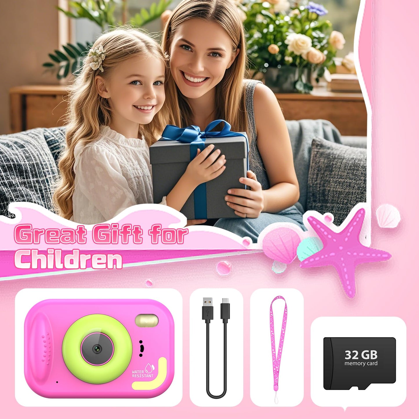 Kids Camera Waterproof, IP68 Underwater Camera for Kids Aged 3-12, HD Kids Digital Camera with 1080P Video Recording, Durable ABS Material, Pool Toys for Boys Girls with 32GB Card (Pink)