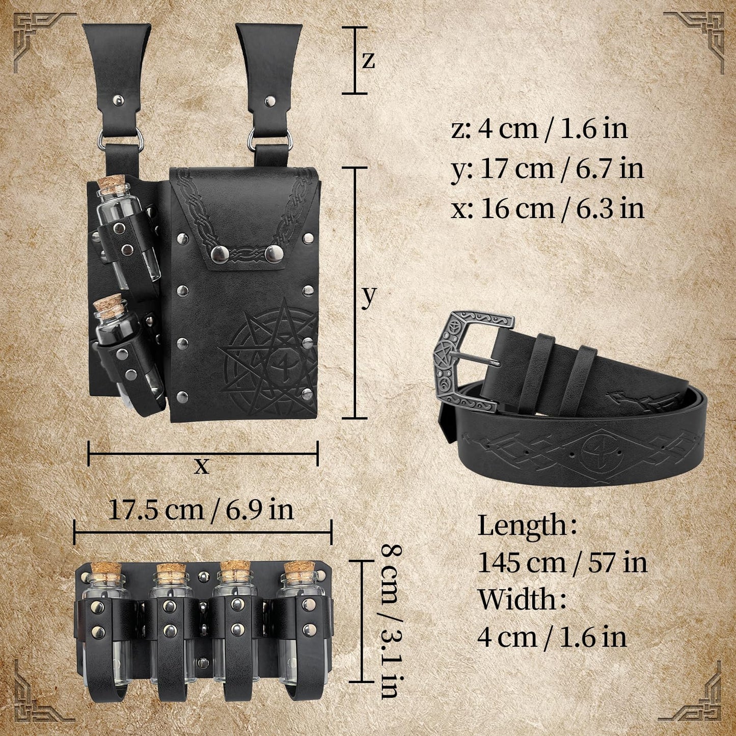 EpicCos 3 PCs Medieval Alchemy Belt Waist Pack Combo with Multiple Potion Bottles, Viking Rivet Belt Side Pouch for Cosplay (Black D)