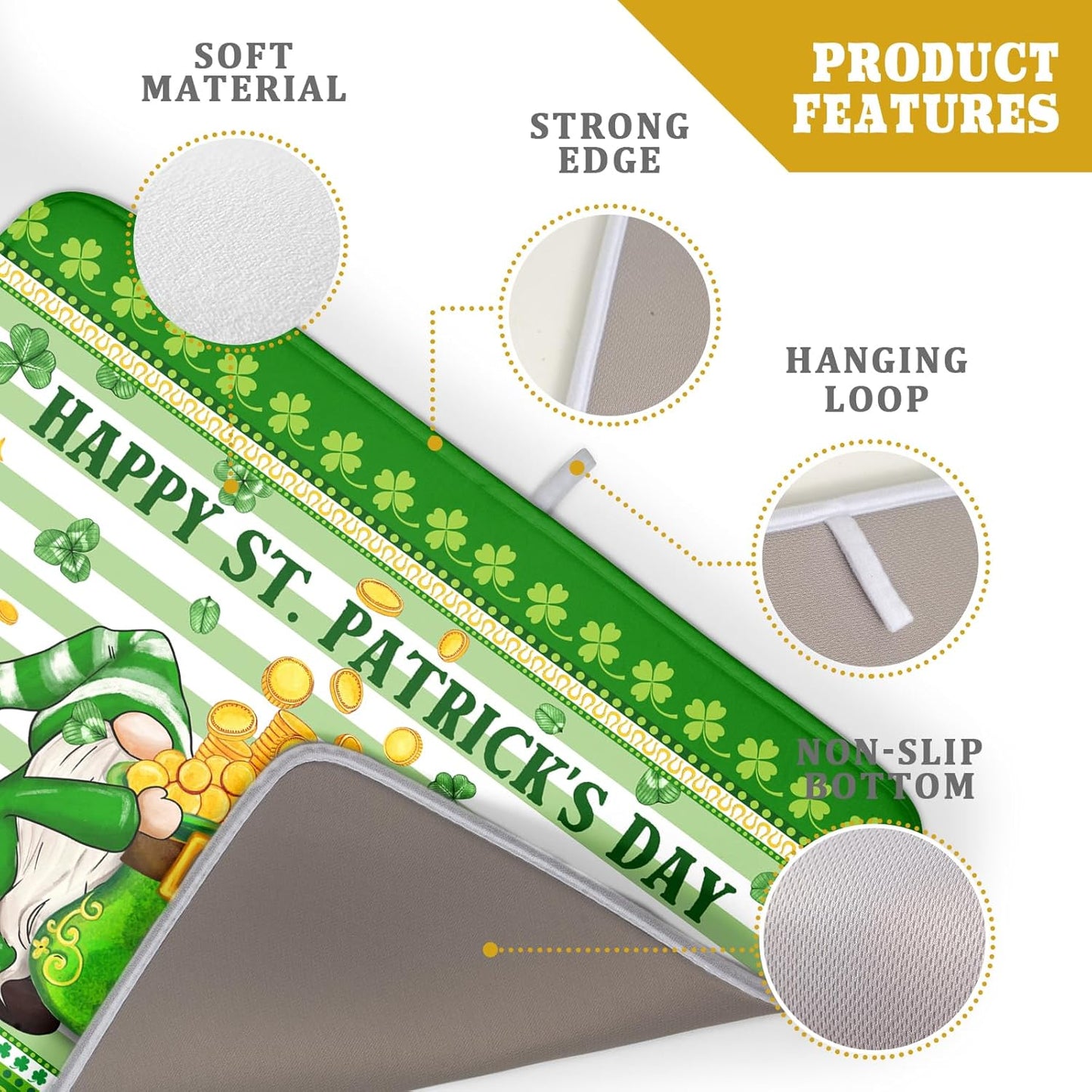 Shamrock Gnome Dish Drying Mat Coin Clover Dishes Fast Dry Mat 18x24 inch Absorbent Microfiber Dishware Drainer Pad for Kitchen Counter Sink