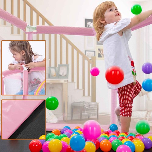 Merax 55" Indoor/Outdoor Kids Jumper: Safety Enclosure Net, Ball Pit Included | 4.5FT Mini Trampoline for Toddlers & Babies 3+ Months,Pink